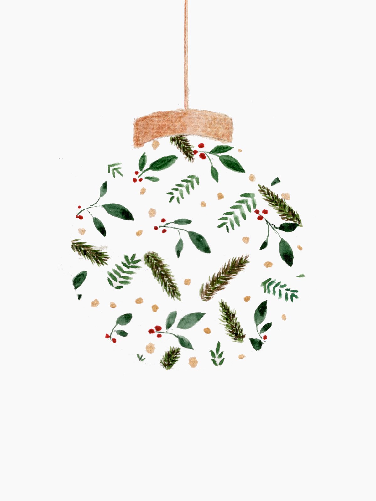 Botanical Ornament hand-painted watercolor holiday card by Lake Effect Studios, a hanging ornament painted in botanical greenery
