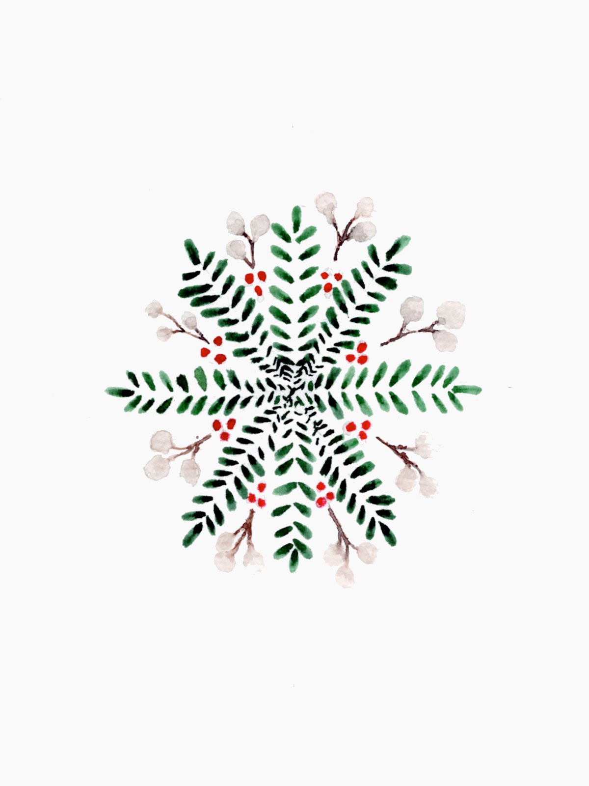 Evergreen Snowflake hand-painted watercolor holiday card by Lake Effect Studios, evergreen sprigs arranged as a snowflake with red berries and white buds