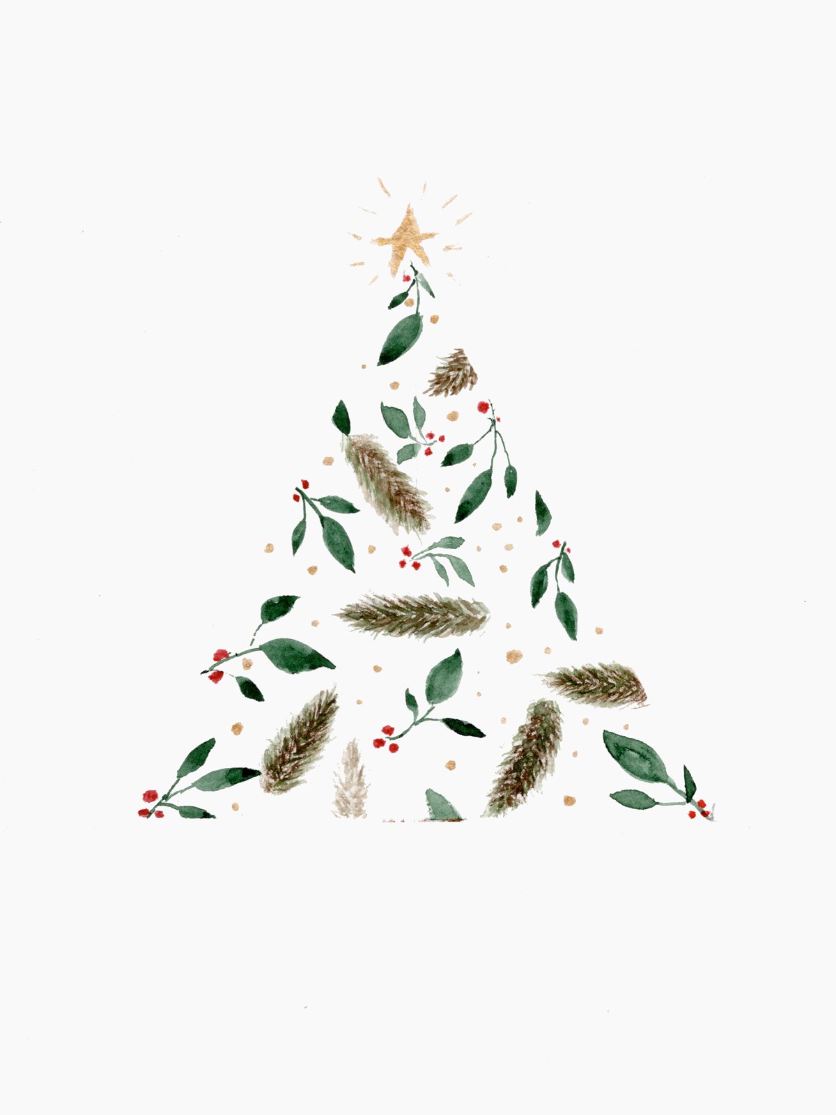 Botanical Tree hand-painted watercolor holiday card by Lake Effect Studios, a tree shaped from loose evergreen greenery
