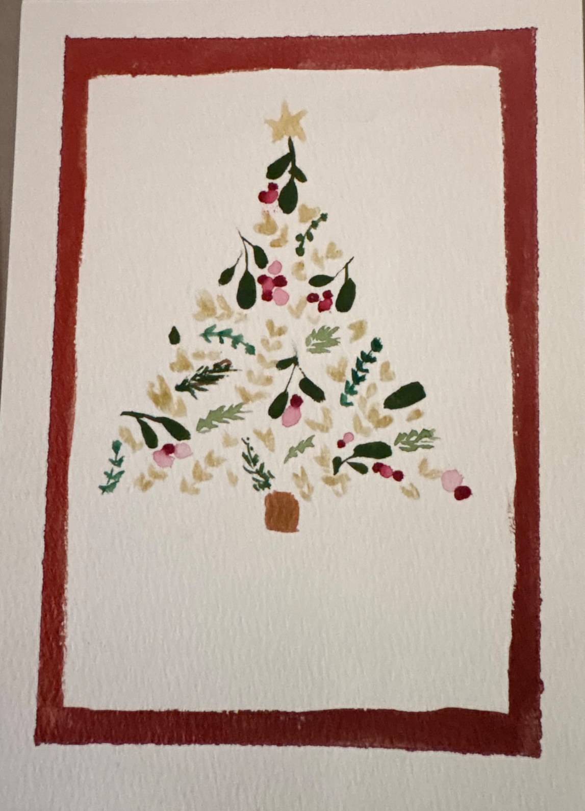 Classic Tree watercolor holiday card by Lake Effect Studios: a traditional watercolor Christmas tree inside a red border