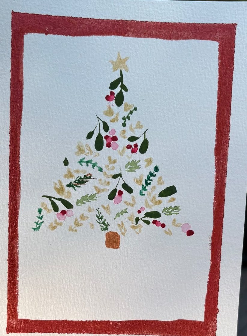 Ornament Tree watercolor holiday card by Lake Effect Studios: painted greenery and ornaments forming a tree inside a red border