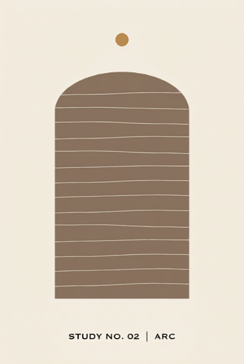 Study No. 02: Arc by Lake Effect Studios, minimalist art print of a brown arch of hand-ruled lines beneath a gold dot, warm neutral palette